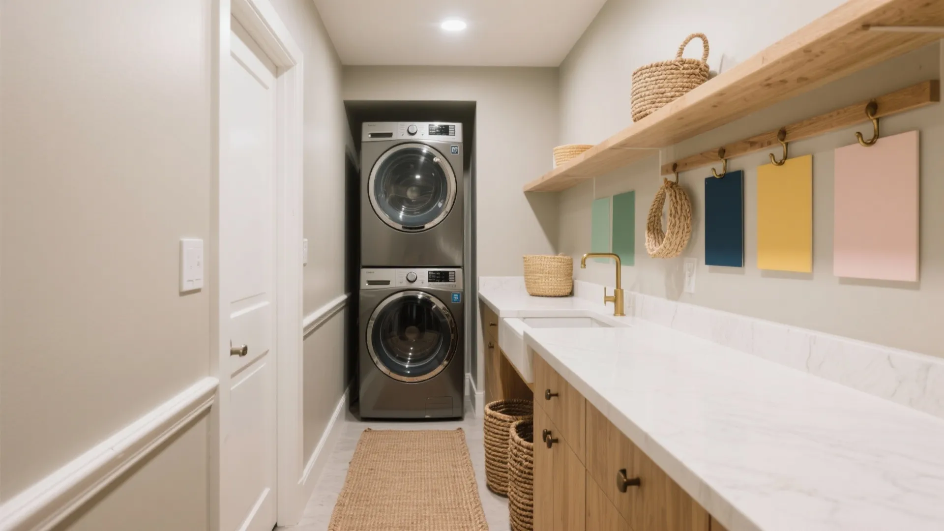Modern laundry room featuring stacked washing machines wooden cabinets marble countertop and various woven storage baskets