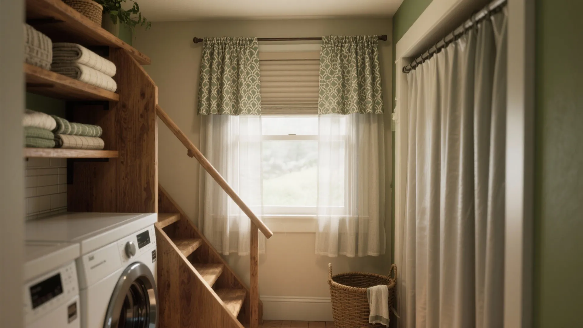 Small laundry room under wooden stairs with washing machine green walls window curtains and basket