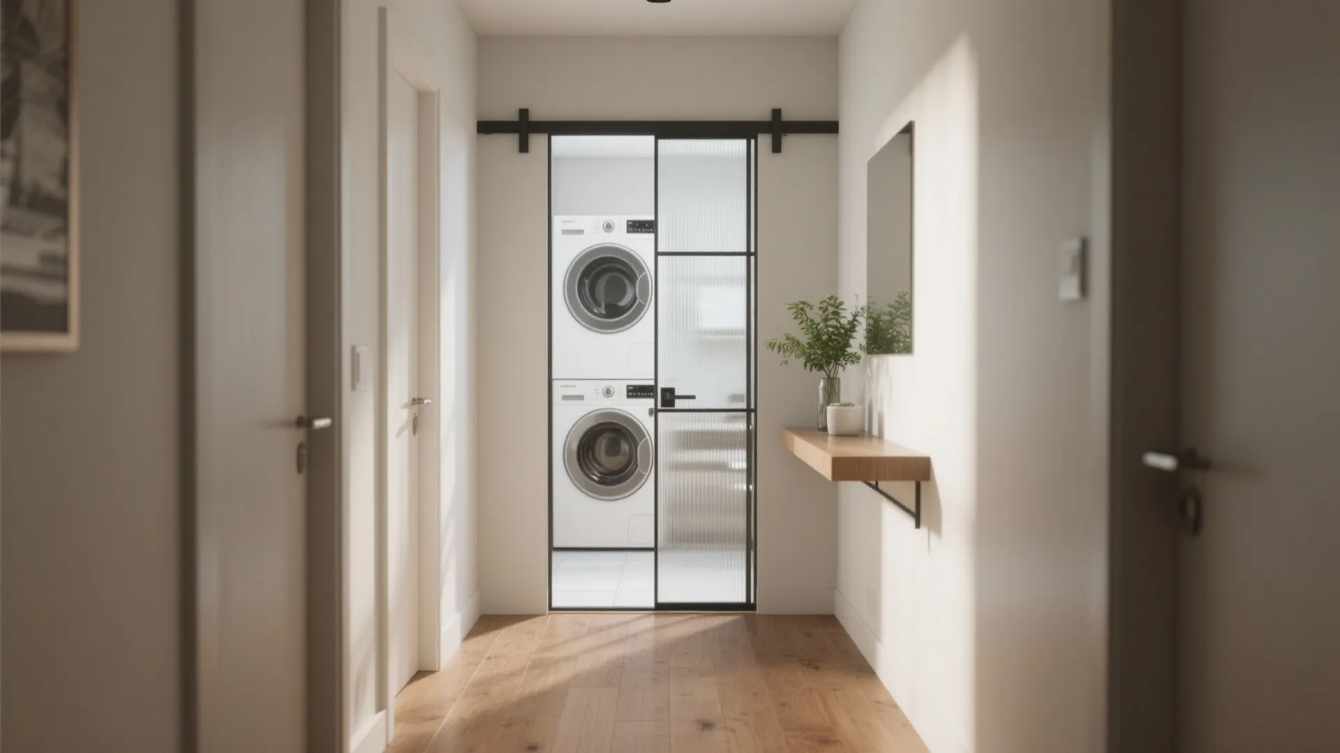 Bright hallway with wood floor leading to a laundry area behind a sliding glass door