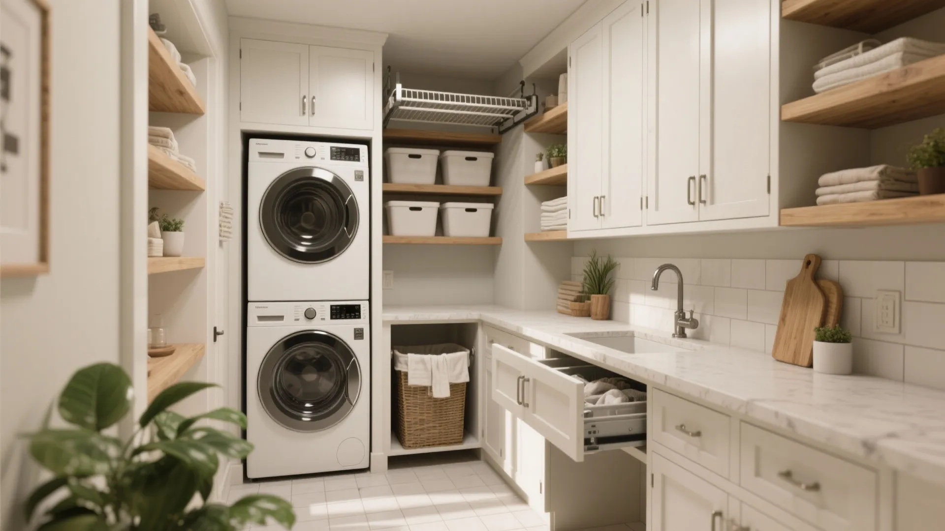Bright laundry room with stacked washer and dryer white cabinets wooden shelves sink and basket