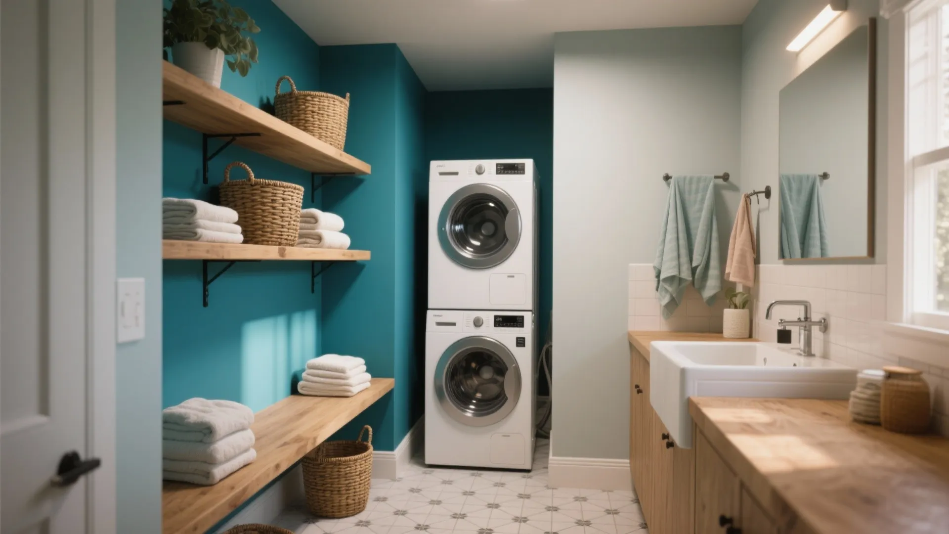 Laundry room with teal walls stacked washing machine and dryer wooden shelves and white sink