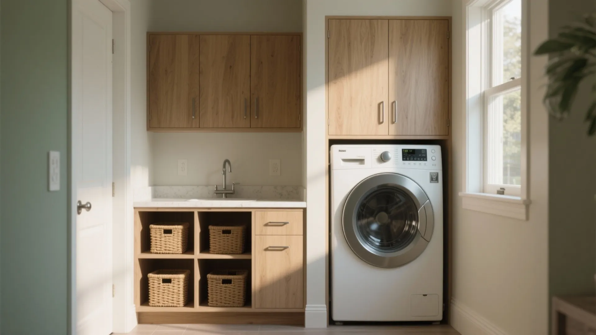 Modern laundry room with wooden cabinets white washing machine small sink woven baskets and natural light