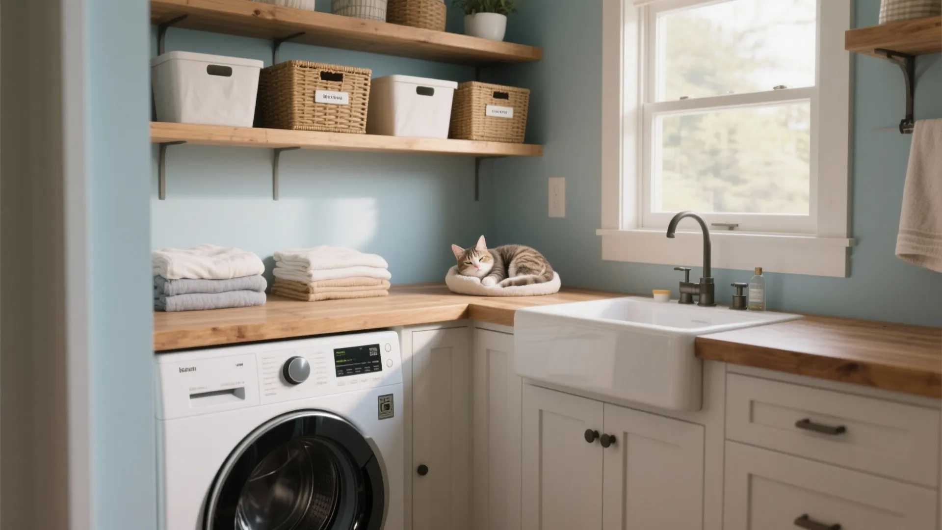 Laundry room with white washing machine blue walls wooden countertop white sink and sleeping cat