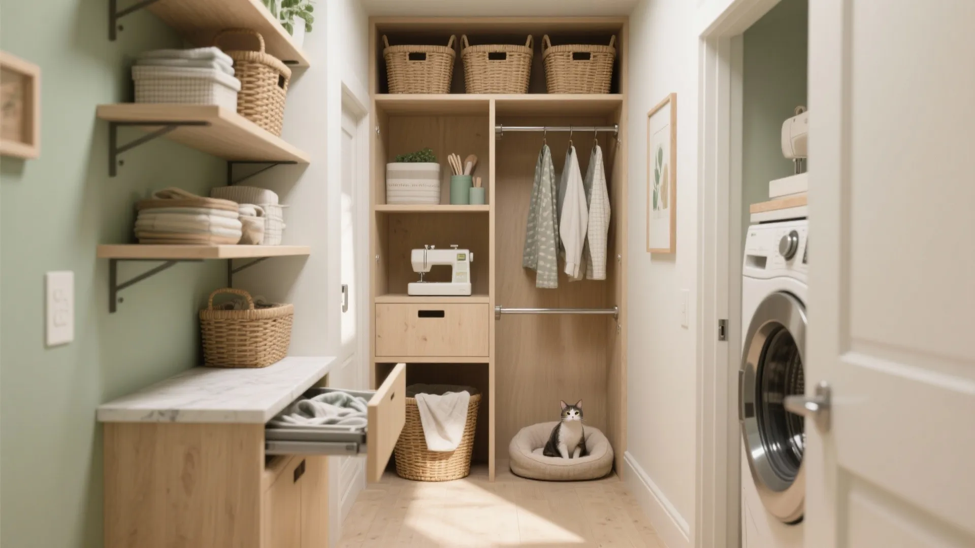 Modern laundry room featuring wooden shelves white washing machine sewing machine and a cat bed