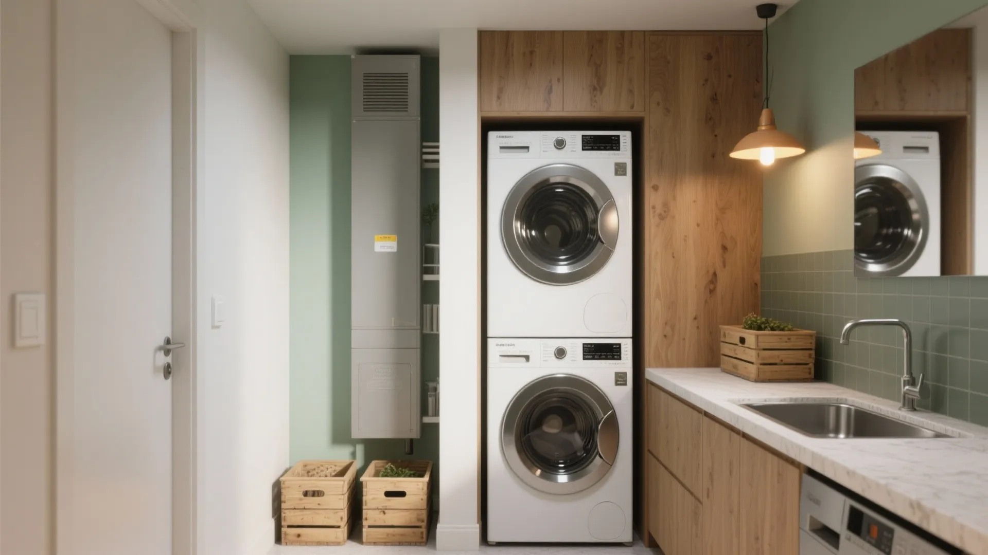 Modern laundry room with stacked washing machines wooden cabinets marble countertop sink and a ceiling light