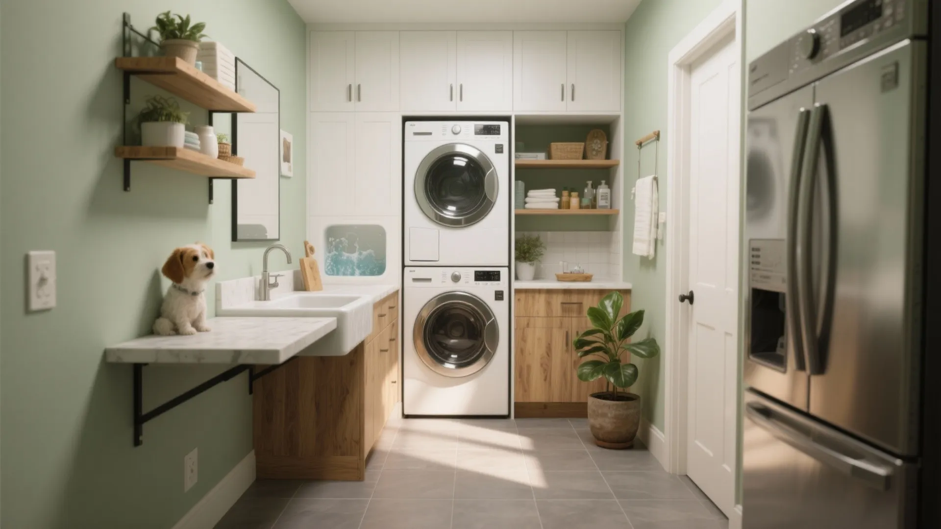 Green laundry room interior with stacked washer dryer unit white cabinets and small pet dog