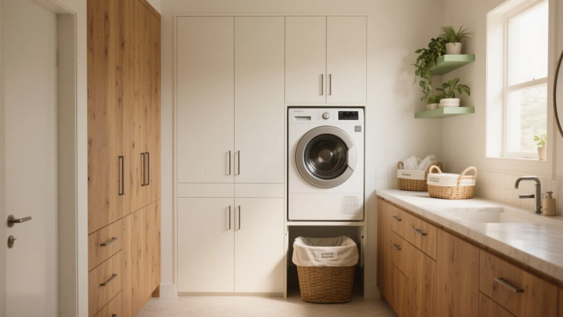Modern laundry room featuring white and wood cabinets with a built-in washing machine and baskets