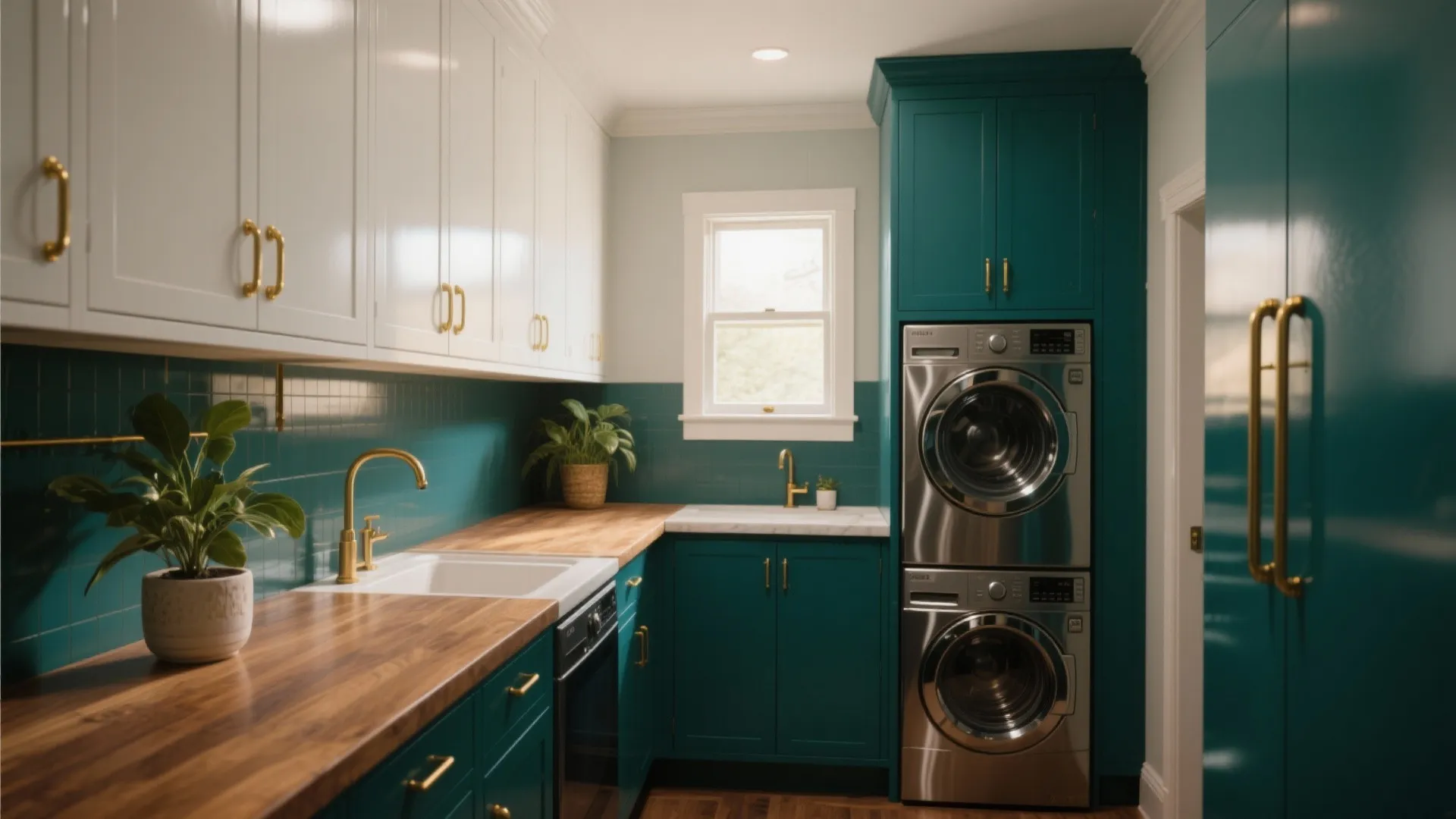 Modern laundry room featuring teal cabinets white upper storage wooden countertop and stacked washing machines