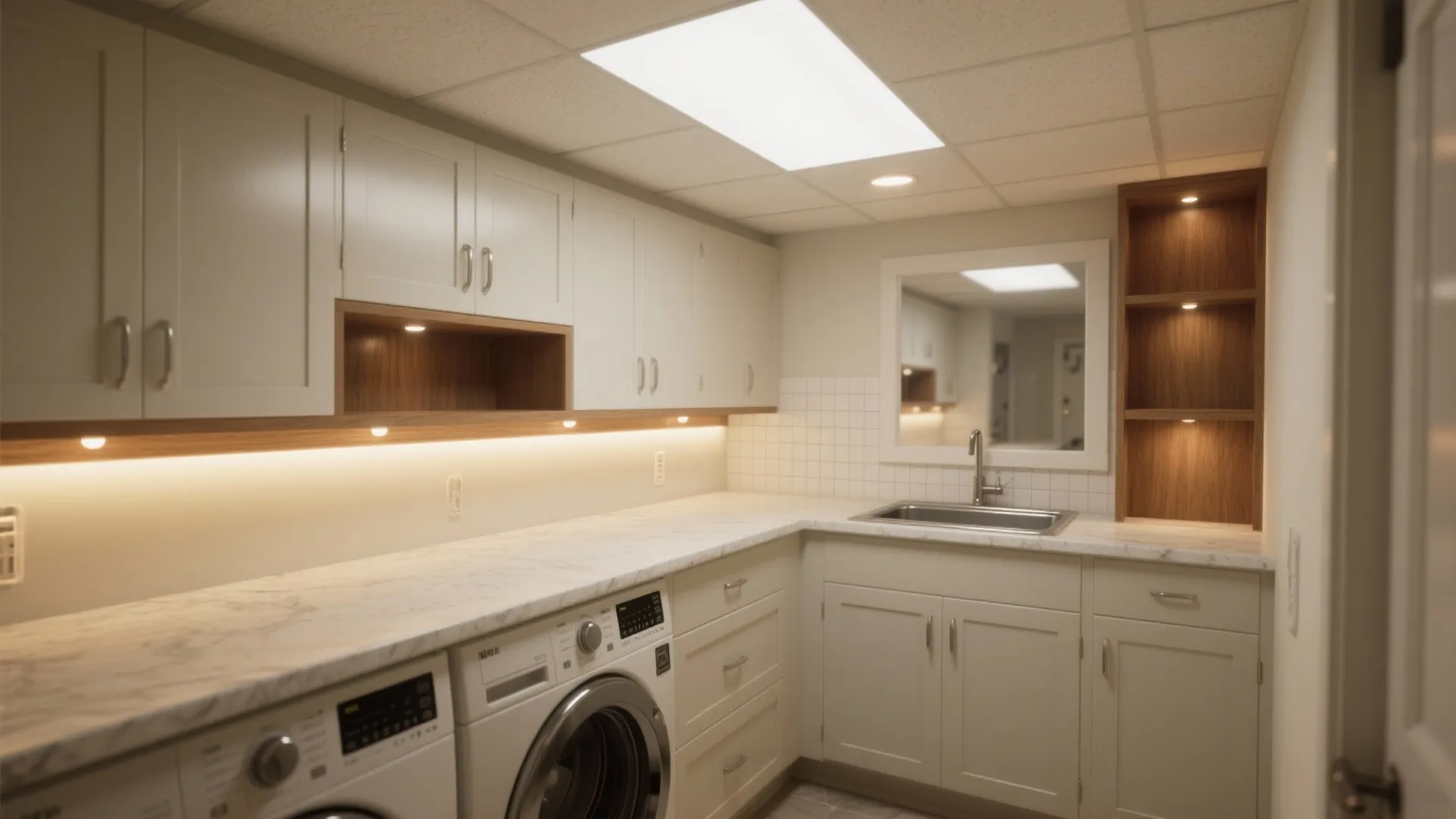 Modern laundry room with white cabinets marble countertops washing machines sink and warm ceiling lights