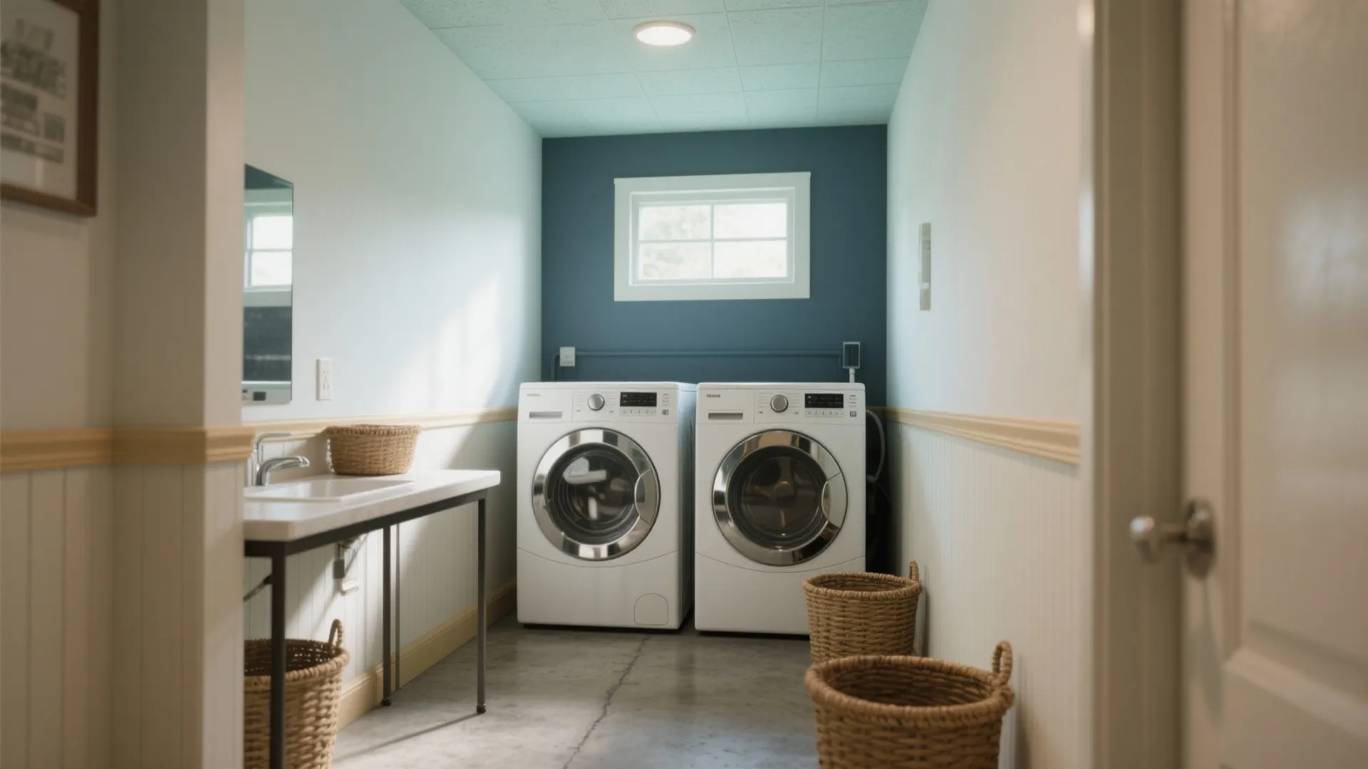 Bright laundry room with two white washing machines blue wall roof window and several baskets