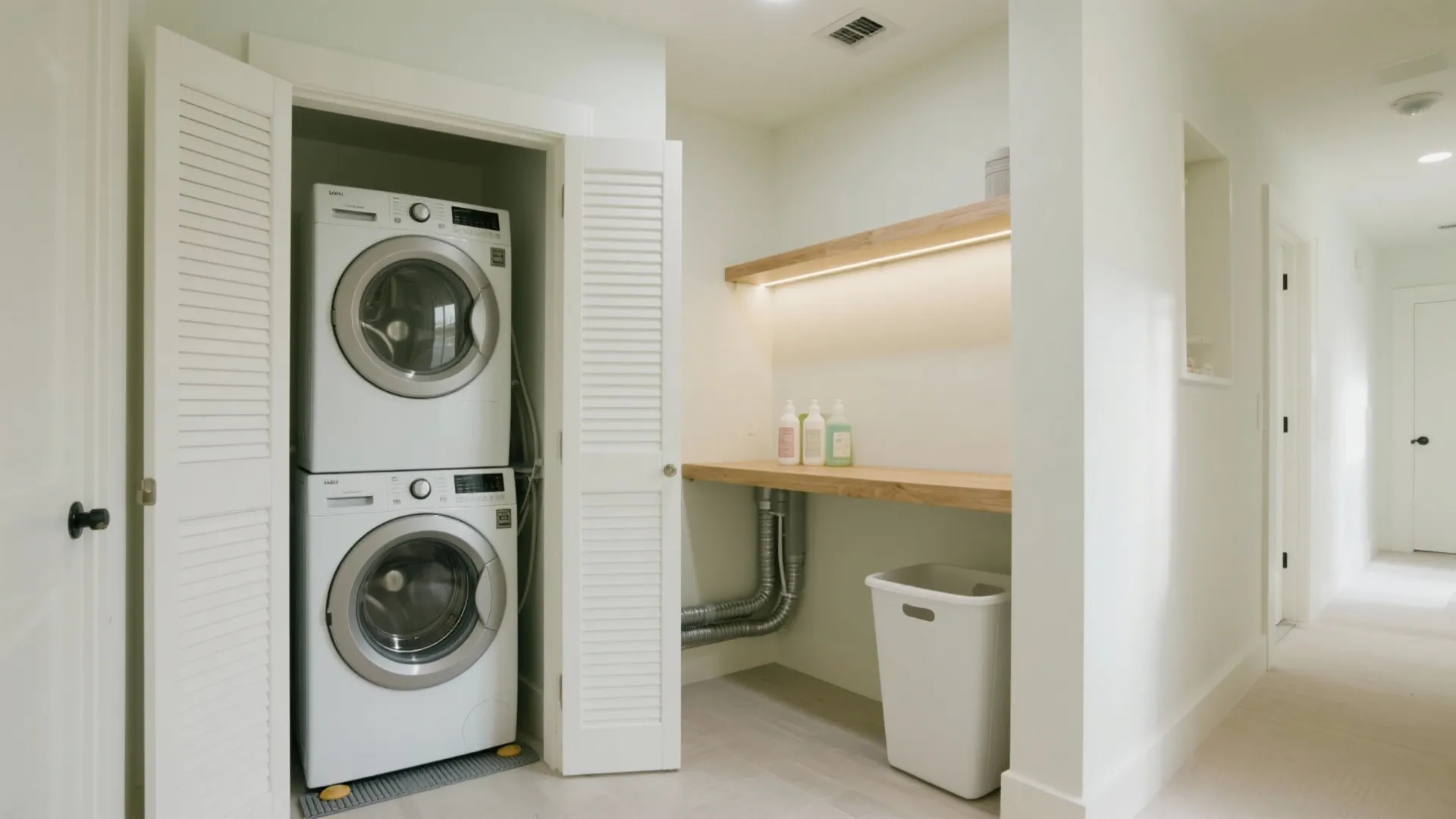 Laundry room interior featuring stacked washing machines behind open doors wooden counter and storage bin