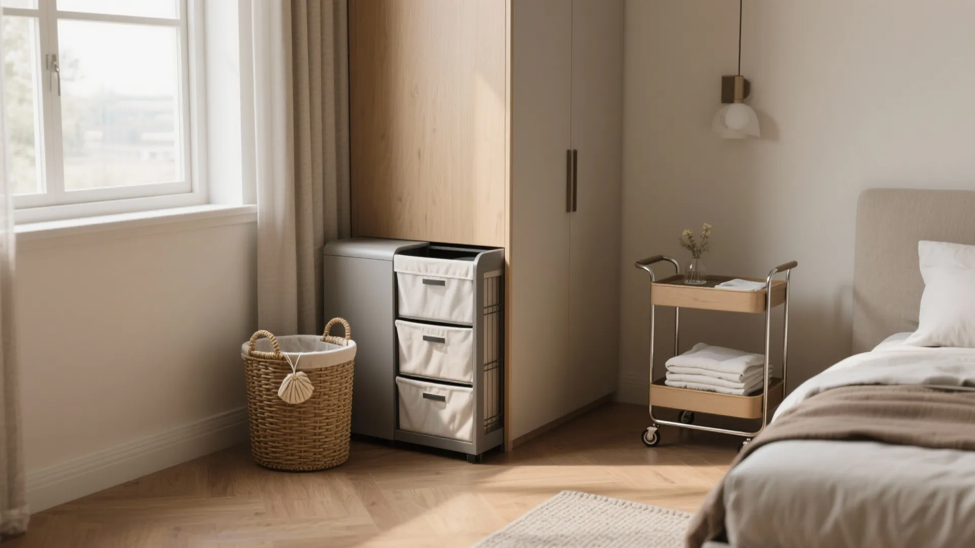 Modern laundry organization with wicker basket grey storage unit and wood cart in bright bedroom