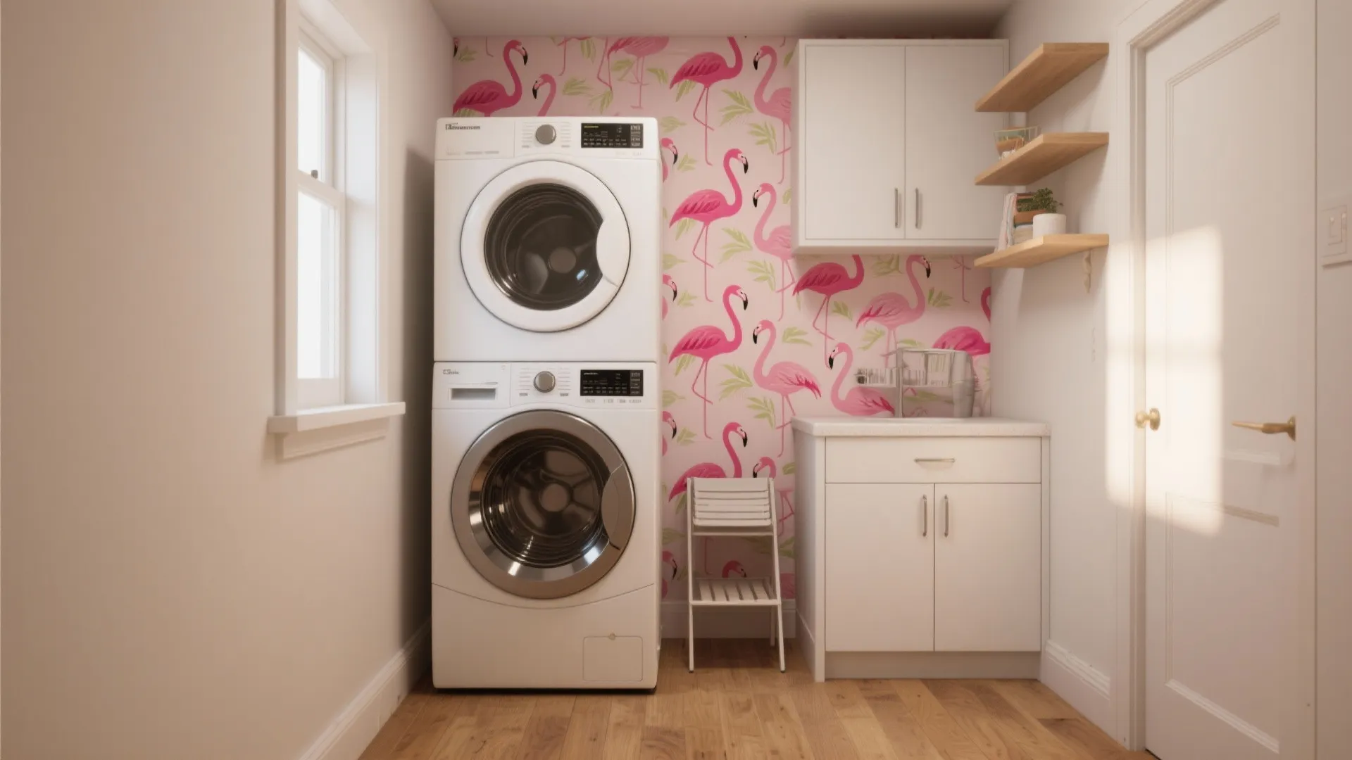Small laundry room featuring stacked washing machine and dryer with pink flamingo wallpaper and white cabinets