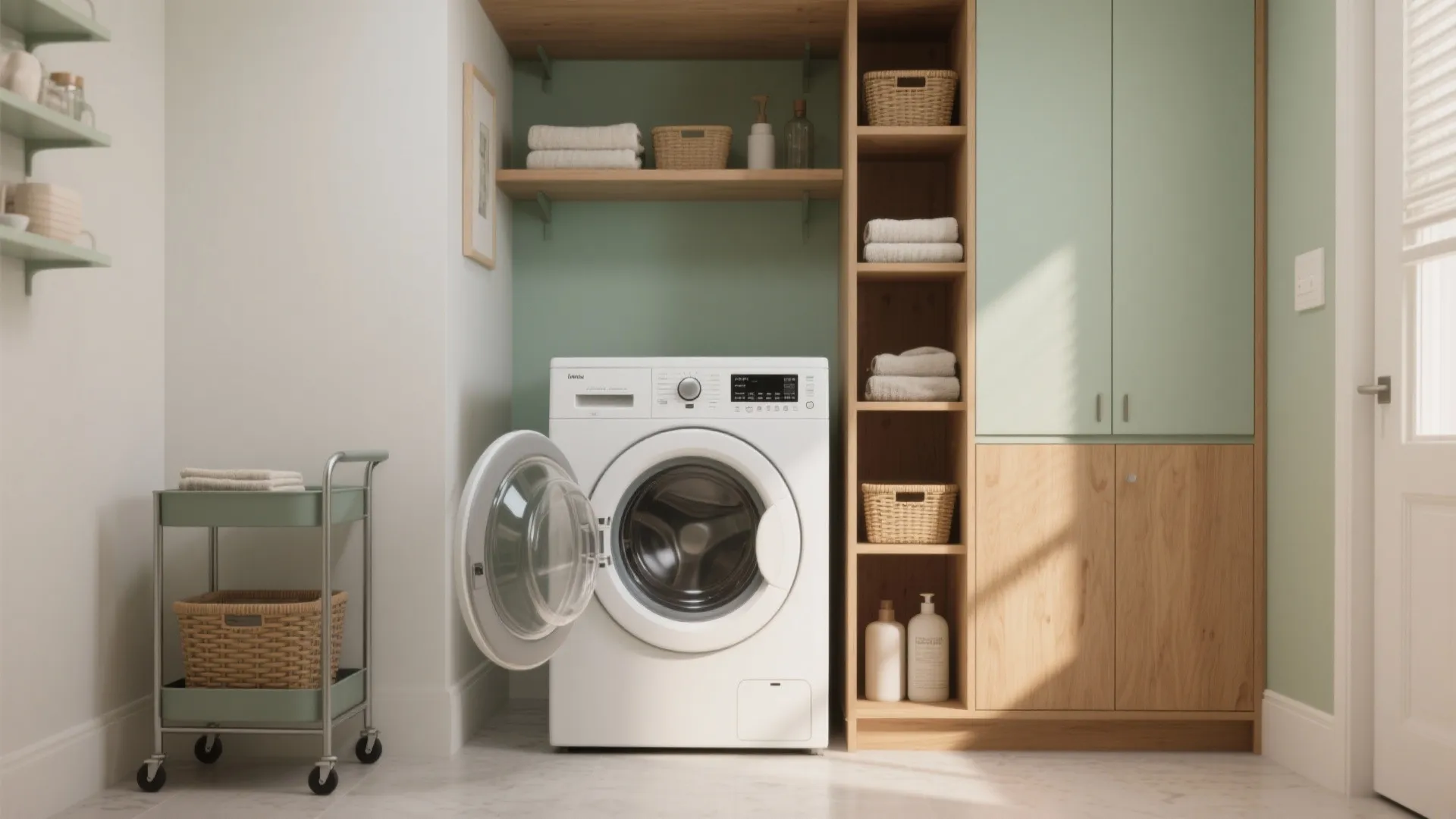 Modern laundry room with white washing machine wooden storage shelves green cabinets and rolling cart