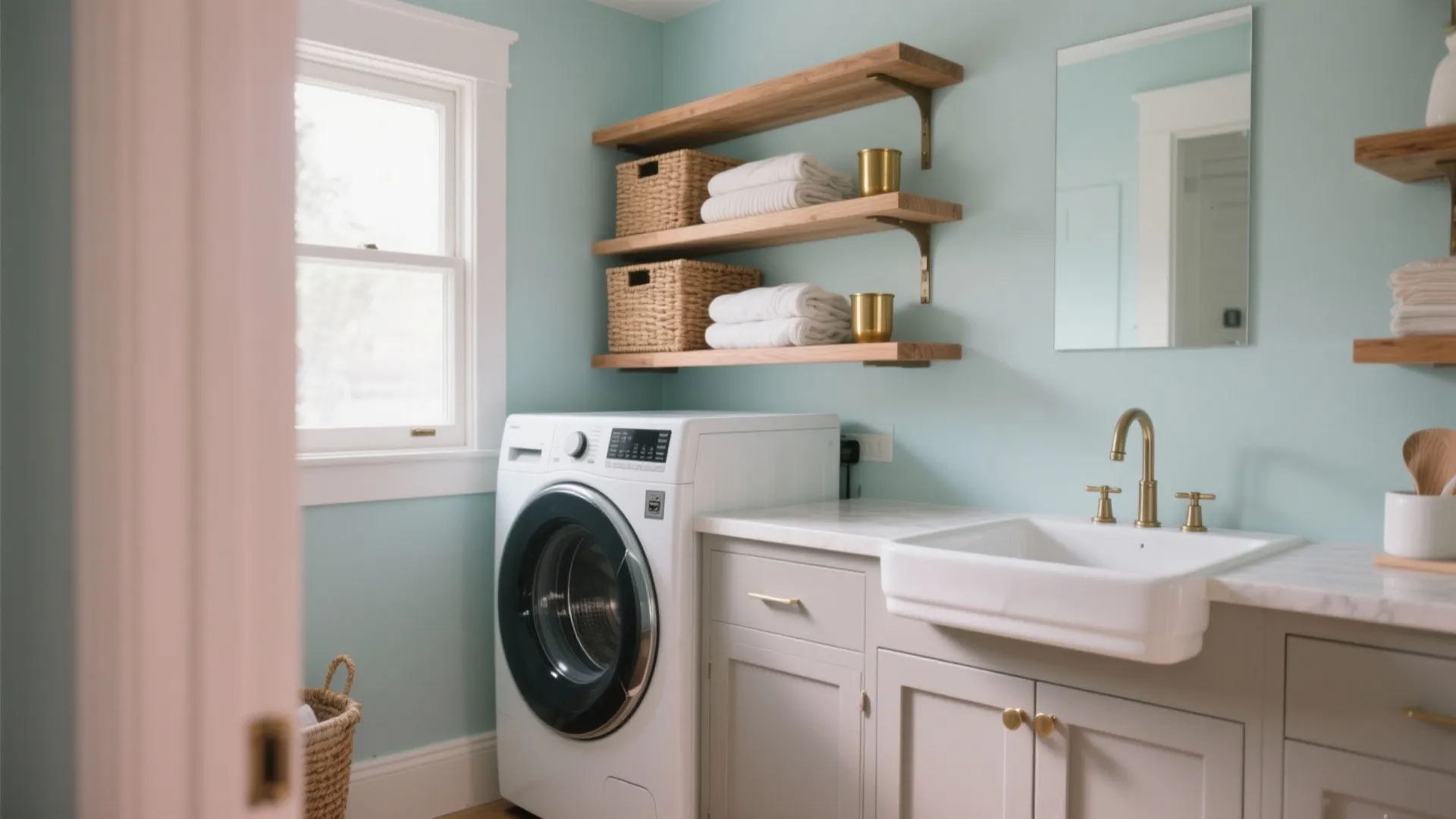 Modern laundry room with light blue walls white washing machine sink and wooden wall shelves