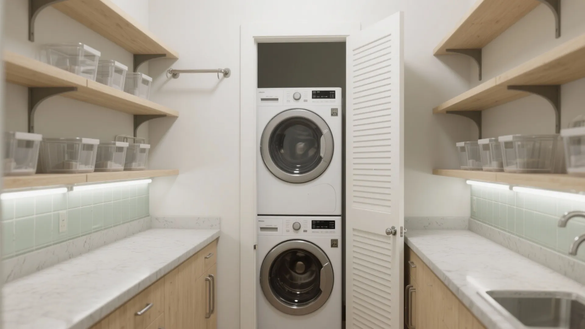 Stacked white washing machines in a small laundry room with wooden shelves and marble style counters
