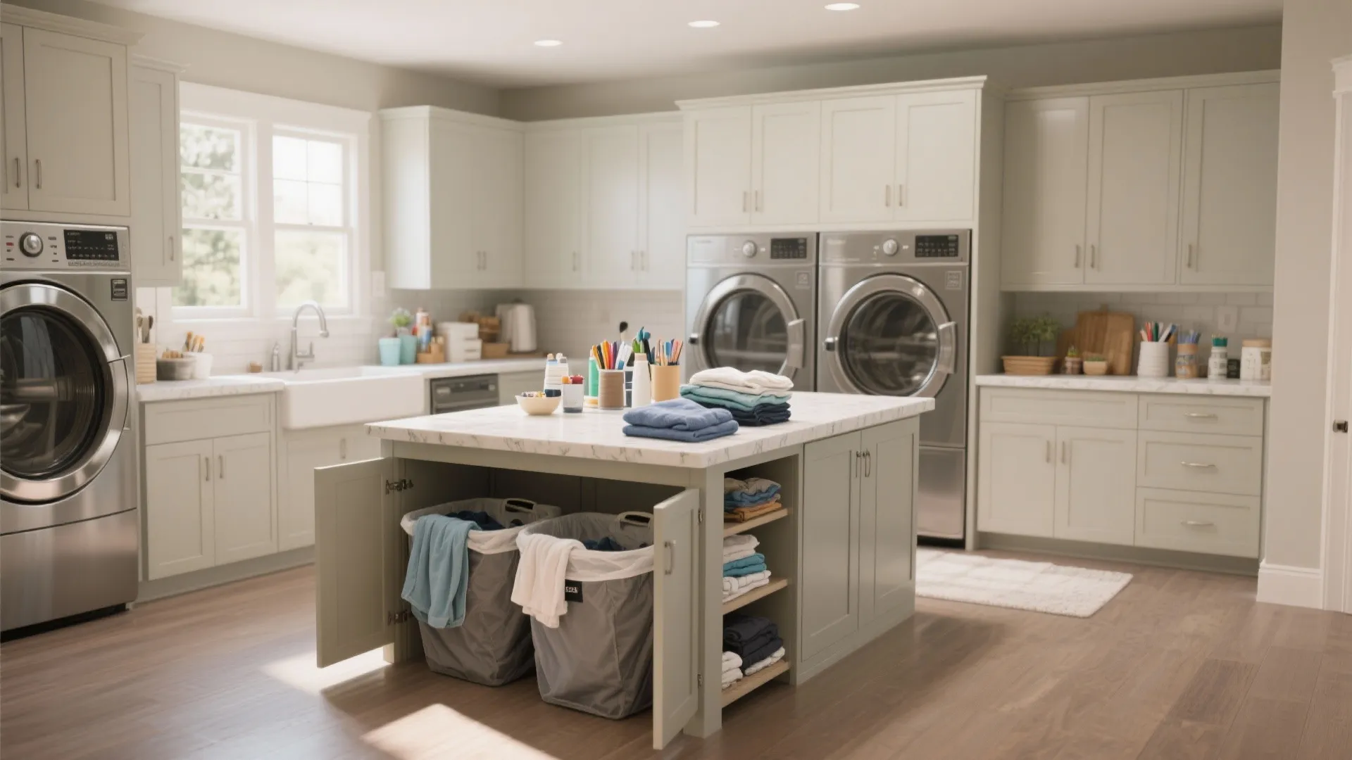 Modern laundry room with large central island storage baskets washing machines and light green cabinets