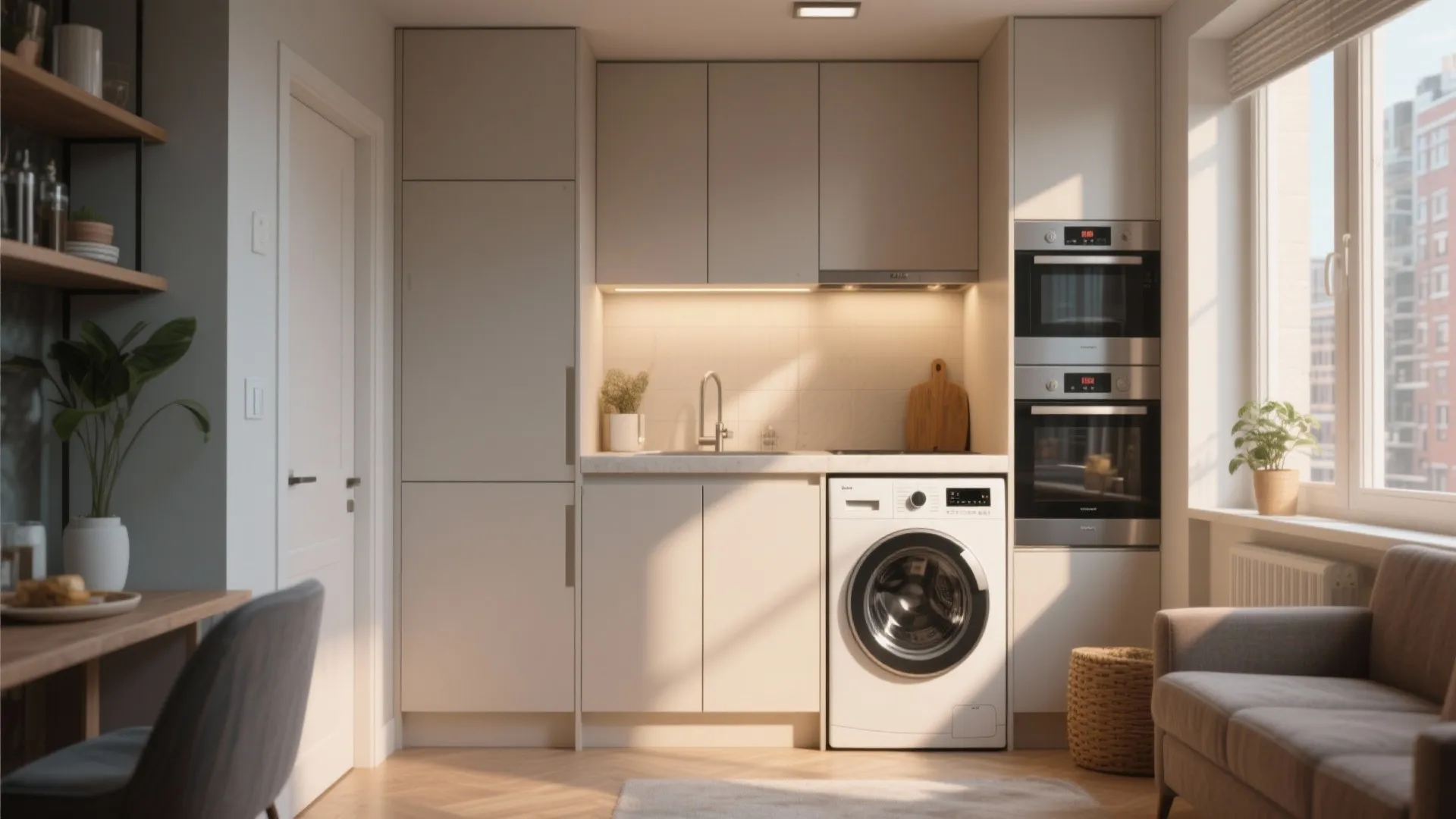 Modern kitchen with white washing machine built into cabinets near a large bright sunny window