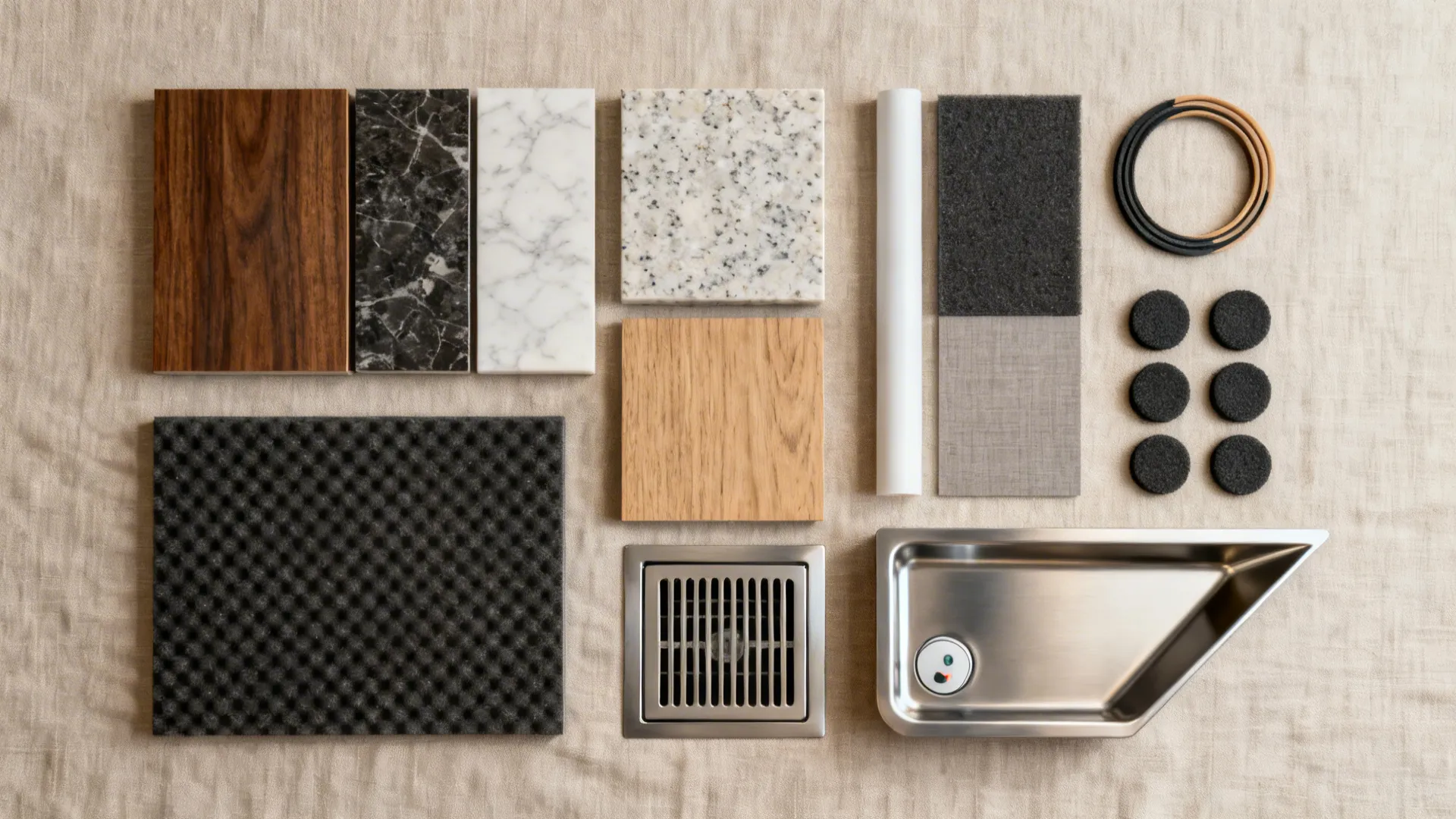 Flat lay of countertop samples, plywood, acoustic pads, gaskets, vent grille, steel angle, and a small drain pan sensor.