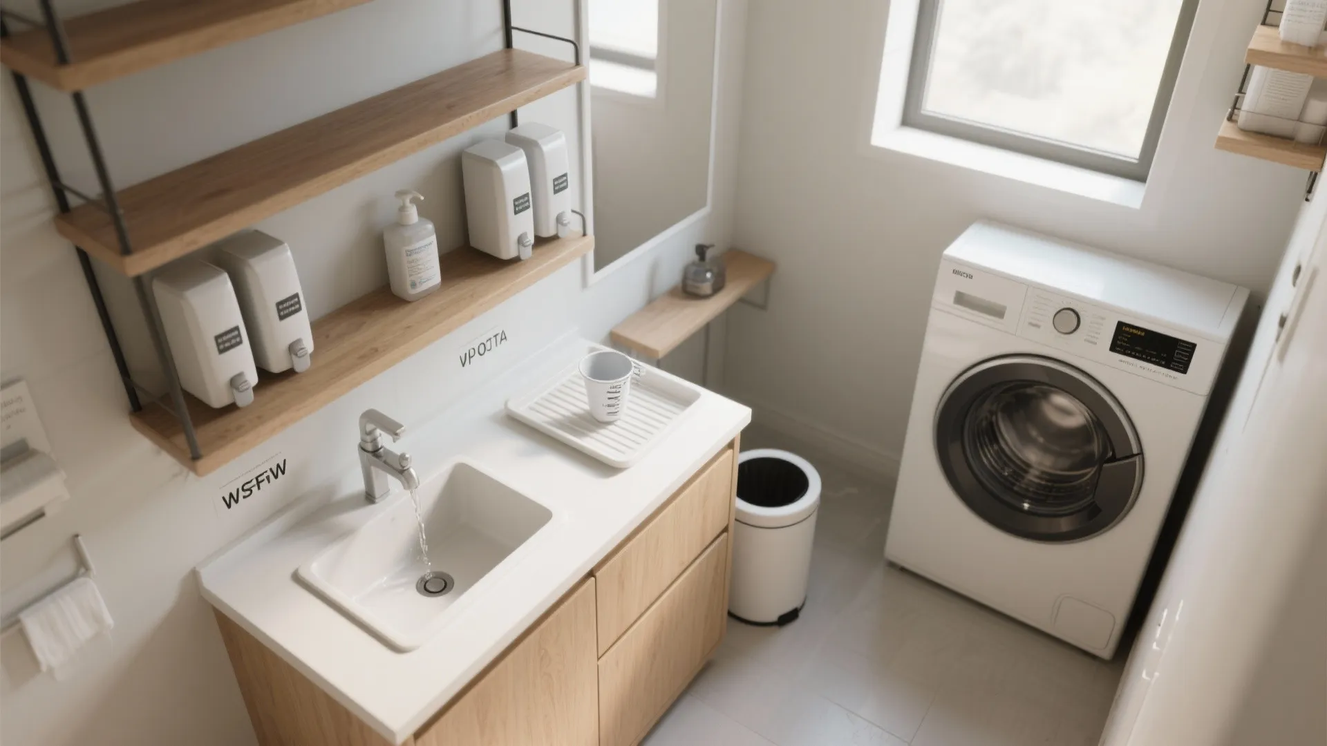 Top-down view of a compact laundry layout with labeled dispensers, drip tray and waste bin for maintenance flow