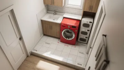 Compact Laundry Room with Red Washer & Wood Cabinets