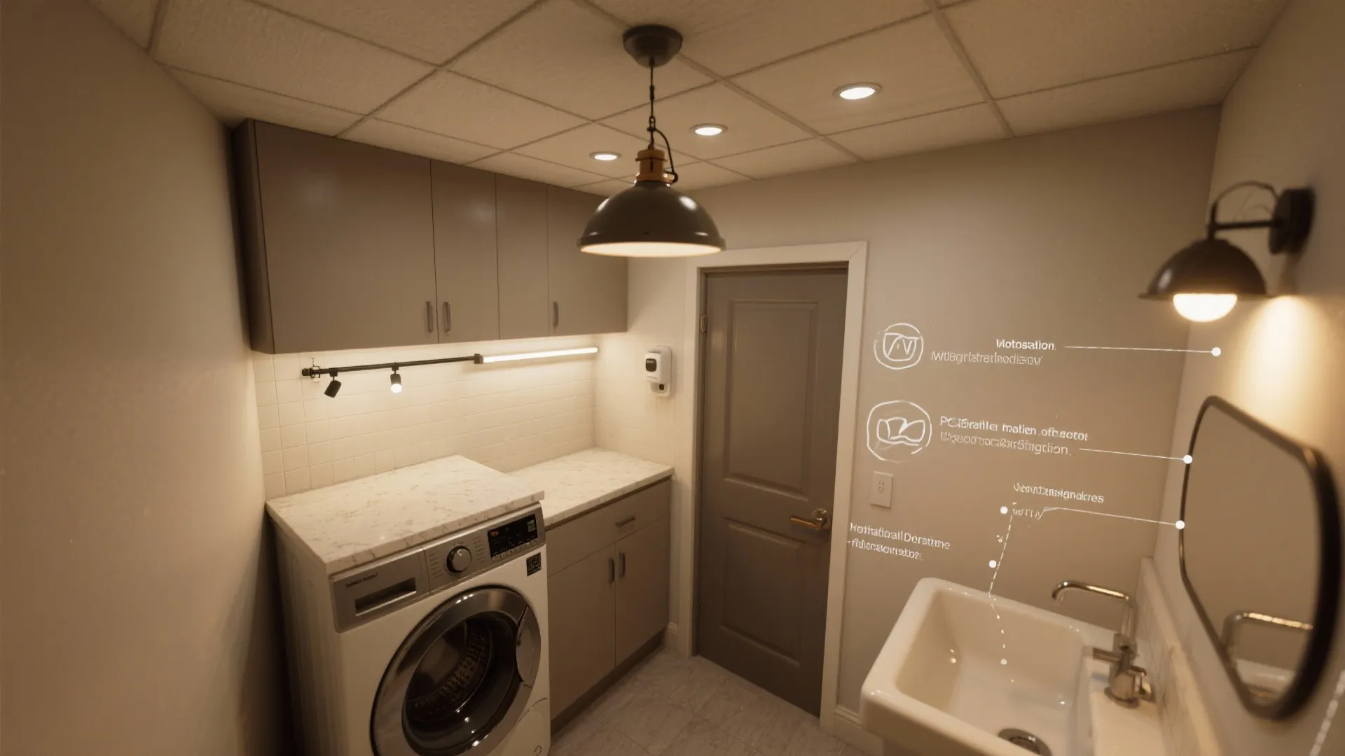 Modern laundry room layout with white washing machine grey cabinets brown door and black ceiling light