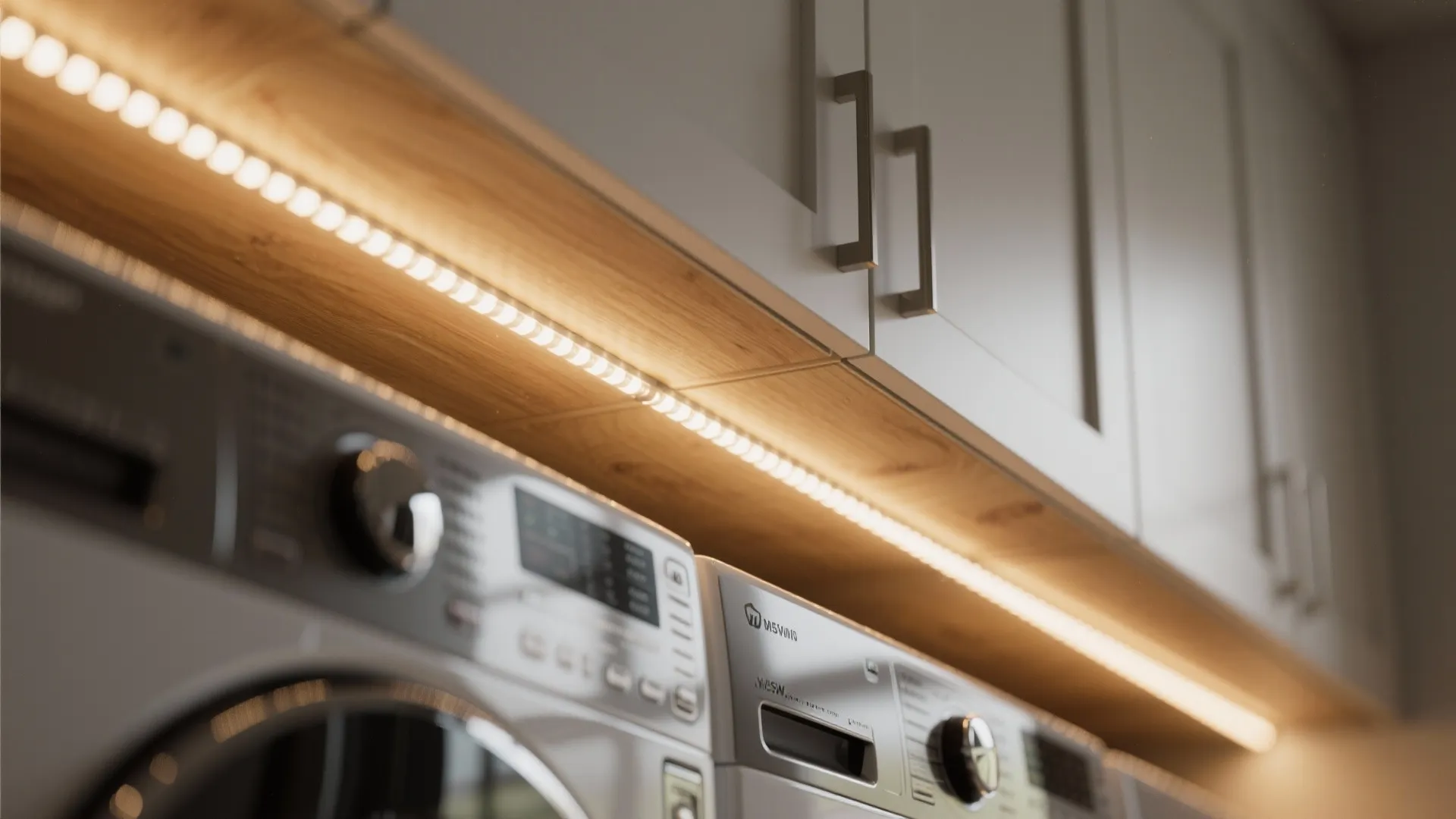 Close up view of led light strip under white kitchen cabinets above a washing machine
