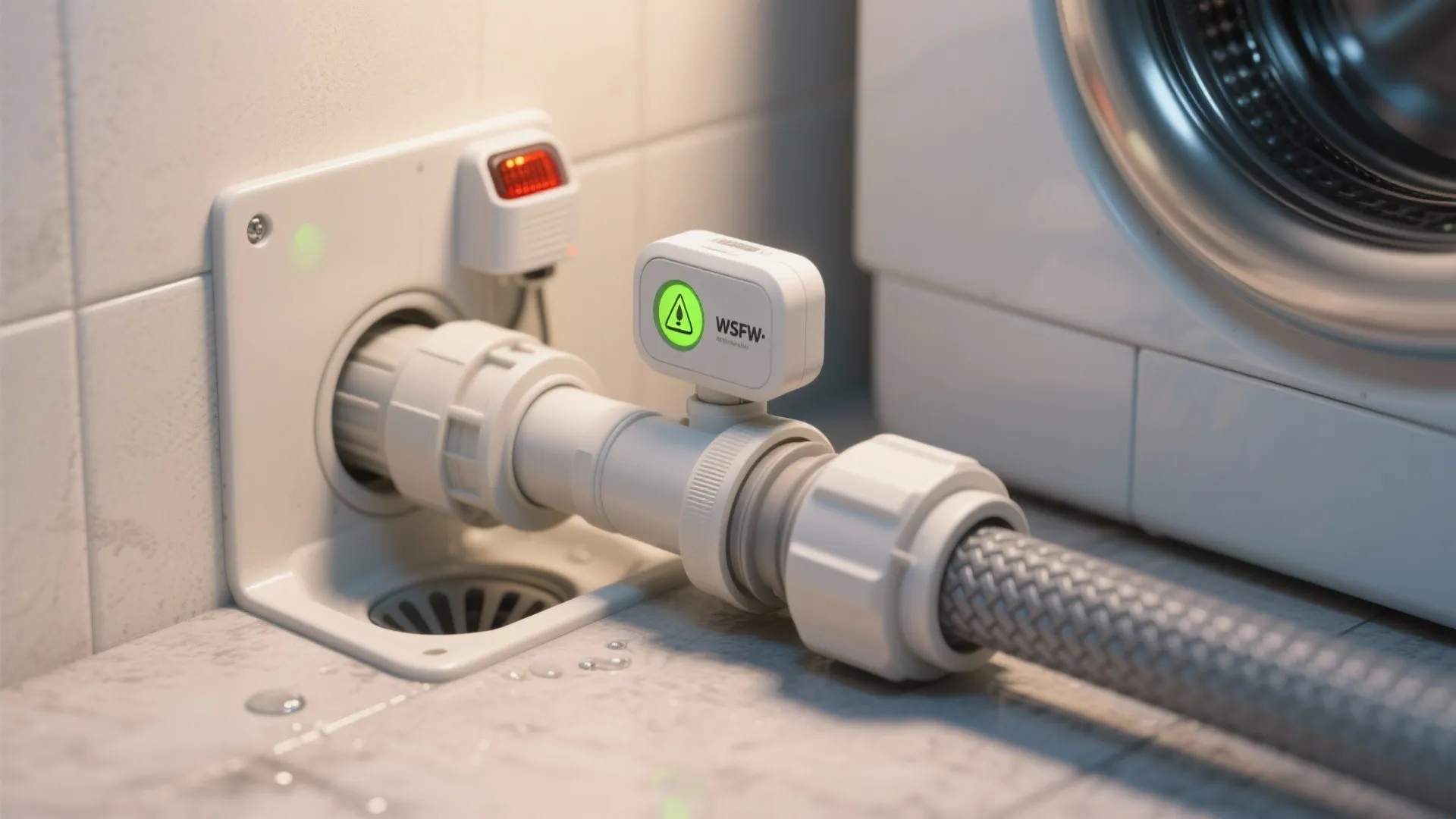 Close up of a white water pipe connected to a sensor near a washing machine