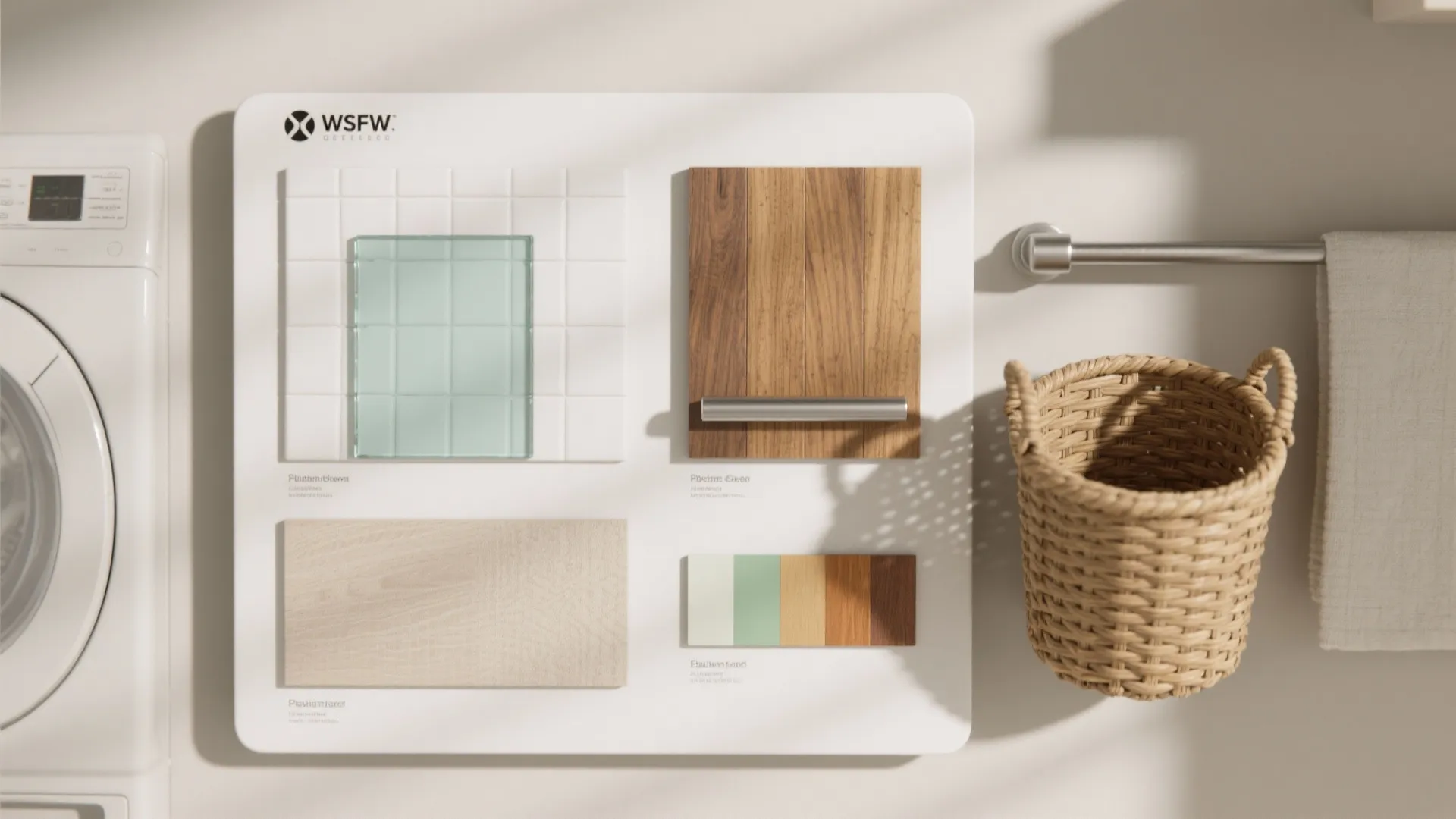 Flatlay of material samples for a laundry room: glass, glossy tile, wood veneer, butcher-block laminate and woven basket textures.
