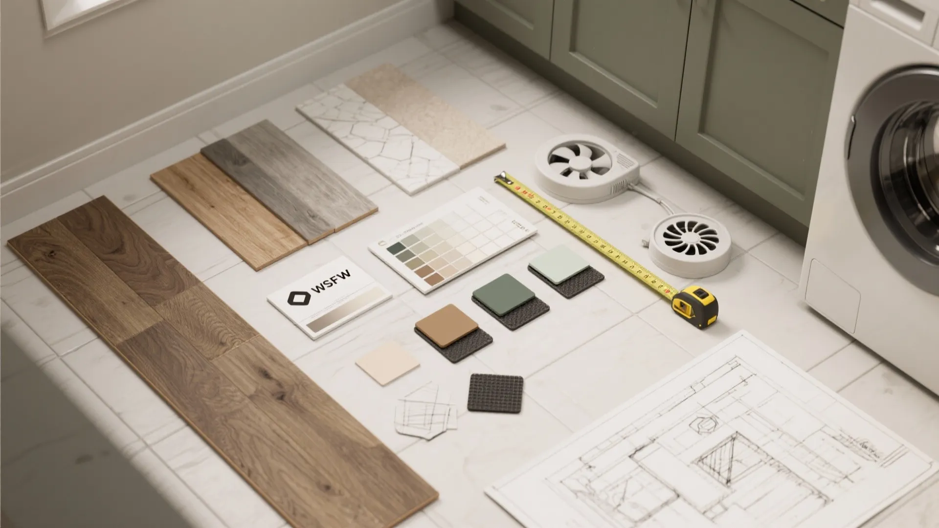 Top-down flatlay of flooring samples, paint chips, vibration pads and a layout sketch for a laundry remodel