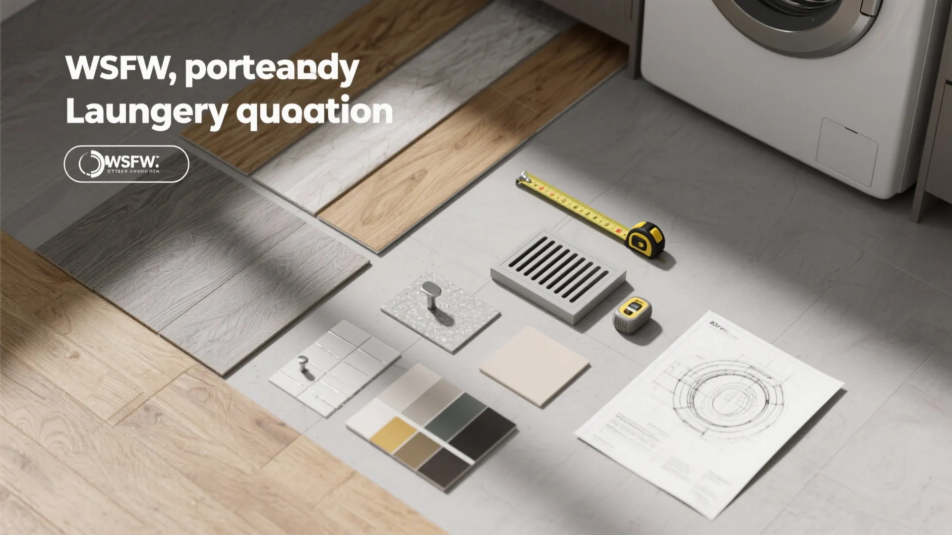 Interior design materials including wood flooring samples tiles tape measure and paper drawing on the floor