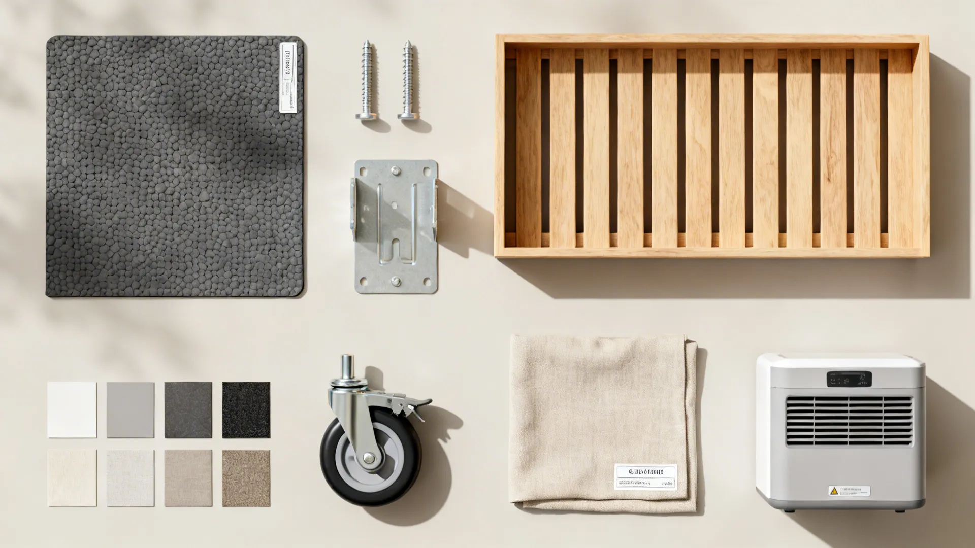 Flatlay of laundry accessories: waterproof mat, wooden slatted tray, anchors, caster and dehumidifier.