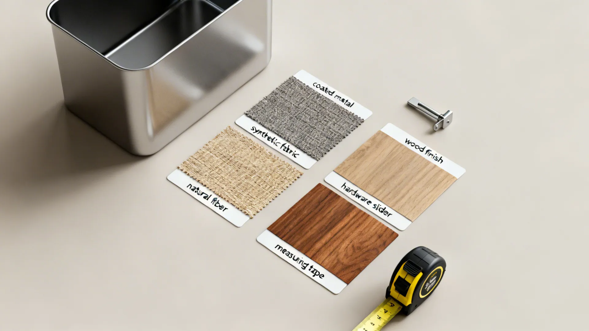 Flatlay of laundry room material samples including coated metal, synthetic fabric, wood finish and hardware.