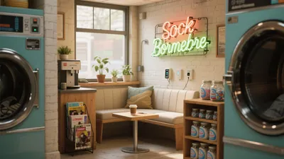 Laundry Room with Cozy Seating & Neon Sign