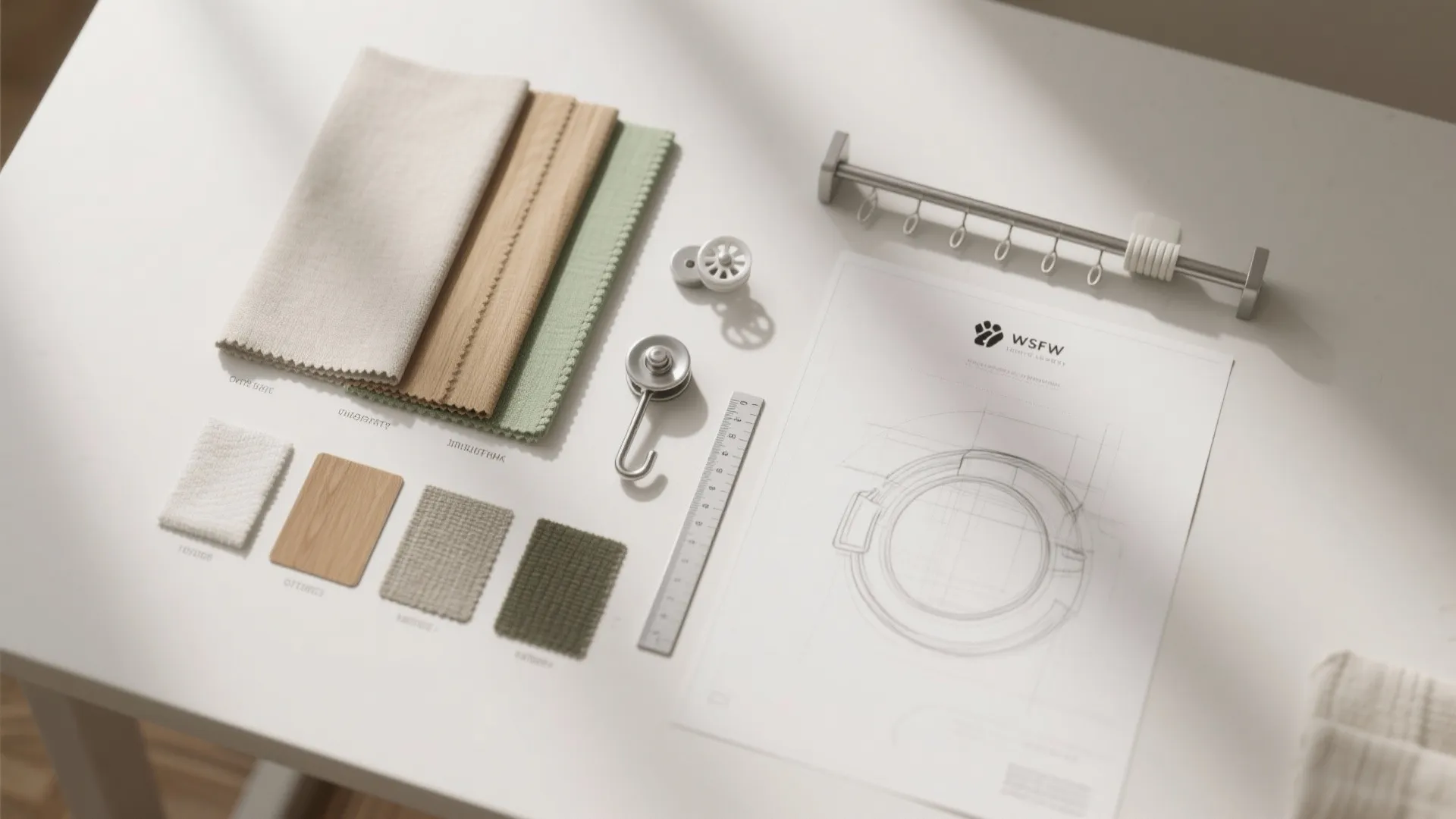 Top-down moodboard of laundry materials and hardware samples for small-space solutions.