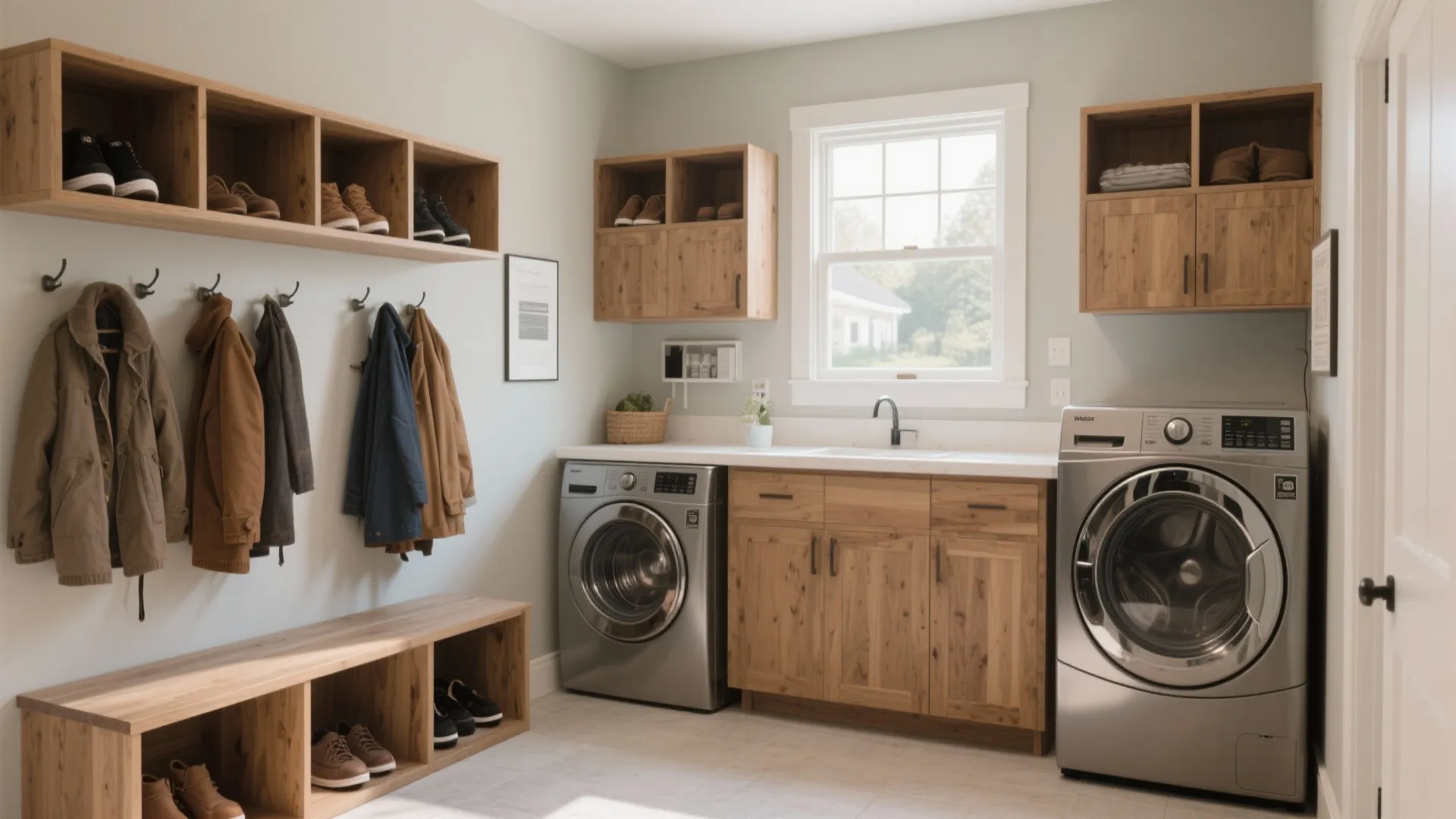 Laundry room and mudroom featuring wooden cabinets silver washing machines wall hooks and storage bench