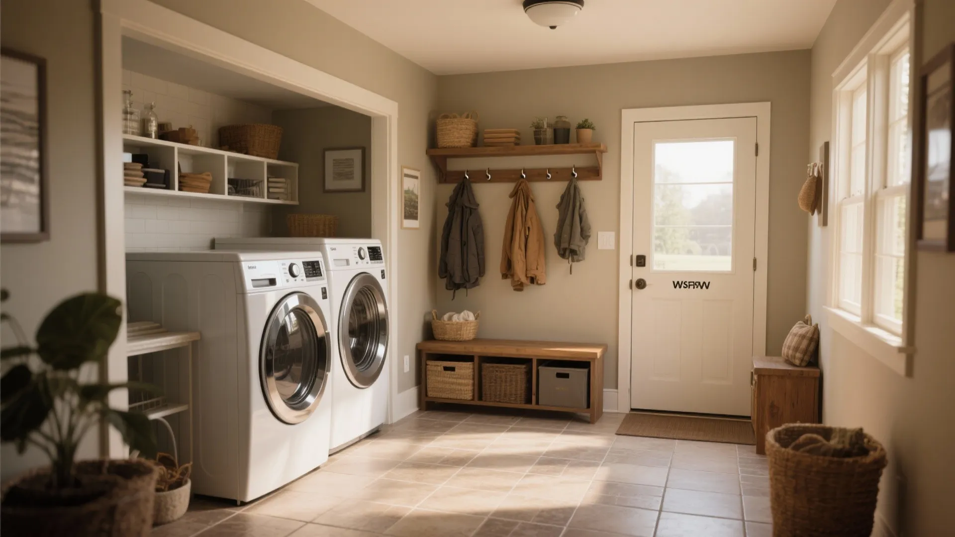 Functional laundry and mudroom with white washing machines wooden bench wall hooks and tiled floor