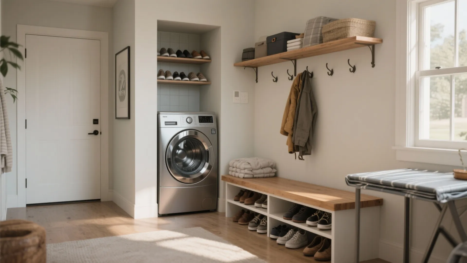 Laundry room with washing machine inside wall shelves beside a wooden bench with wall hooks