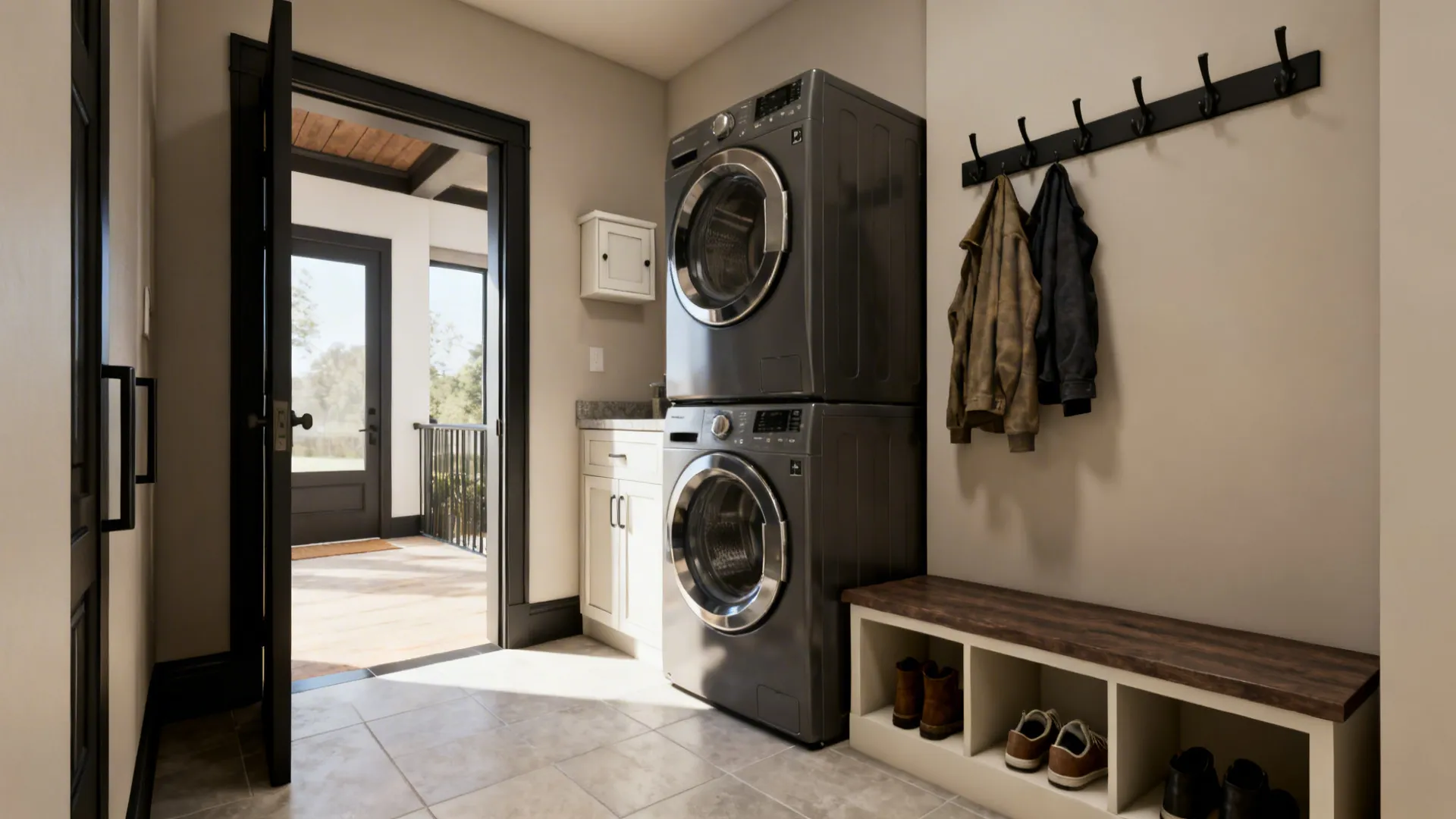 Combined laundry and mudroom with stacked units, bench, shoe cubbies, and wall hooks.