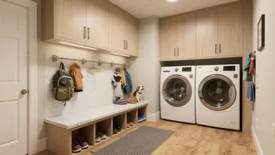 Smart Laundry Room with Built-In Storage and Entryway Bench