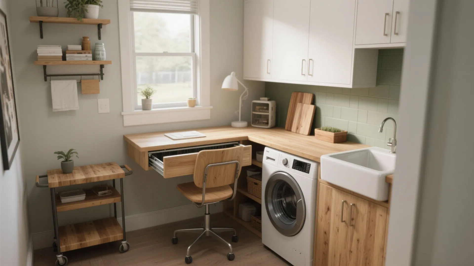 Laundry room with wooden desk washing machine white sink green tile wall and natural light