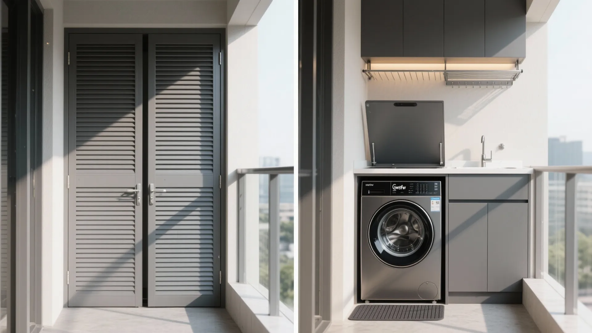Concealed balcony laundry niche with louvered doors closed and open view of compact washer and drying rack