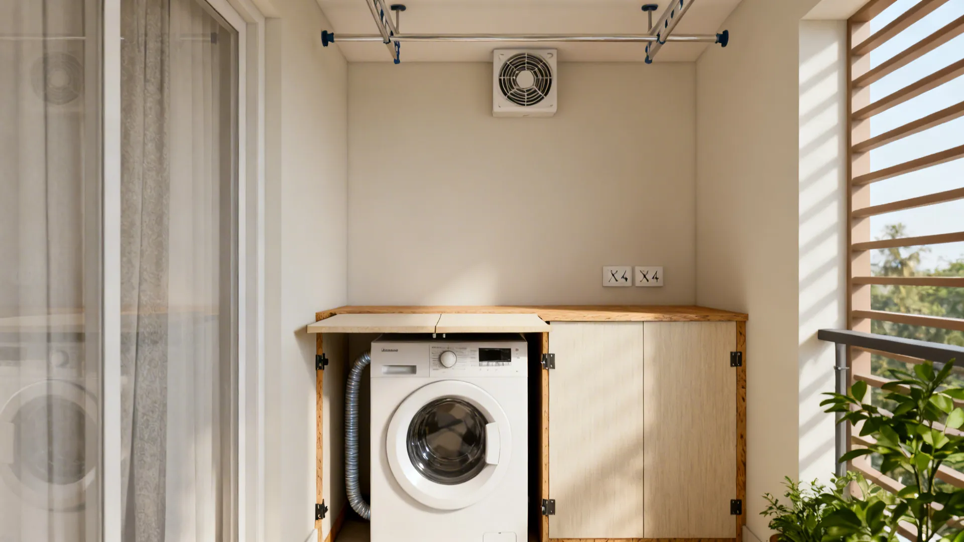Laundry niche with front-load washer, fold-down counter, exhaust fan, and retractable drying rod.