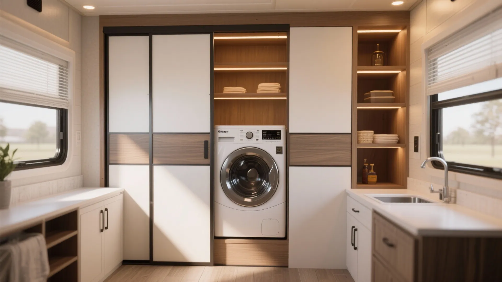 Clean laundry room featuring a white washing machine built into wooden cabinets and a sink
