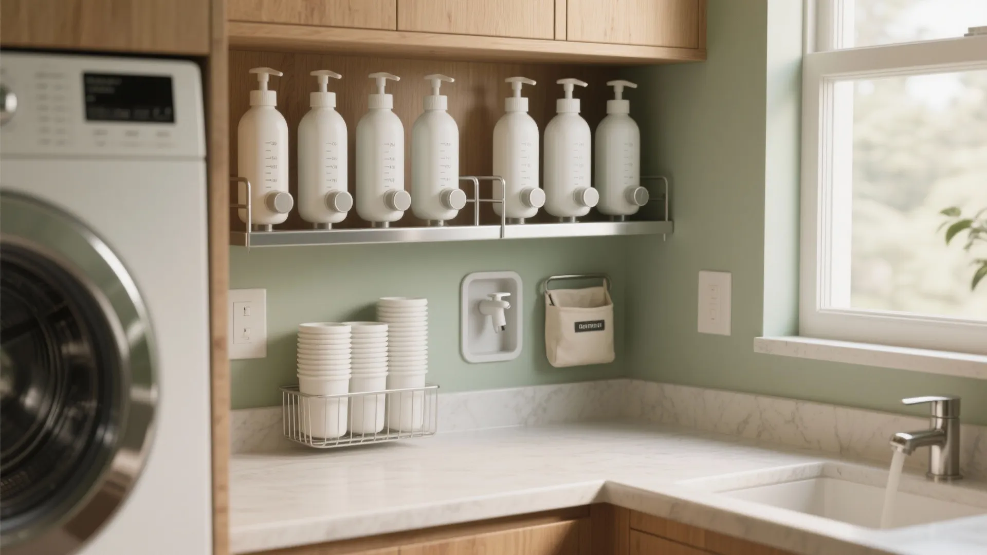 Laundry room counter with white soap bottles on wall shelf beside washing machine and sink