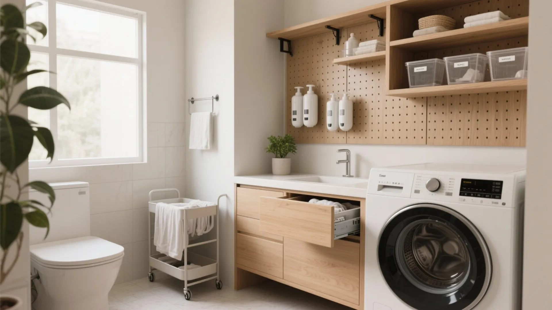 Modern laundry room design featuring wooden cabinets a washing machine white toilet and pegboard wall
