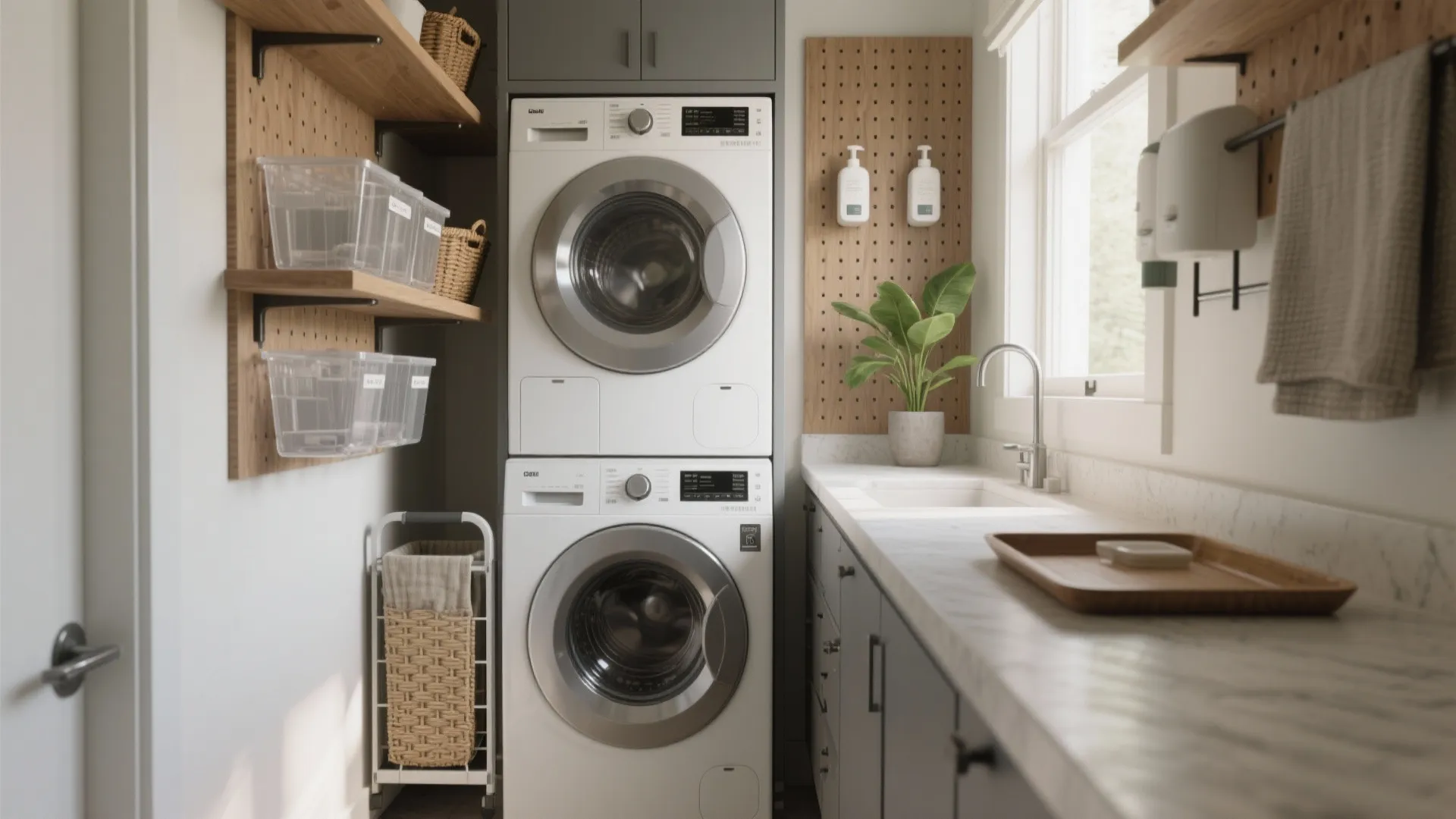 Small laundry room with stacked washing machines marble countertop wooden shelves and green potted plant