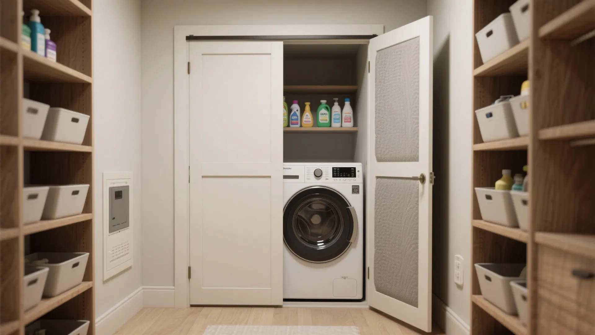 Small laundry closet with white washing machine shelves with cleaning supplies and wooden storage wall shelves