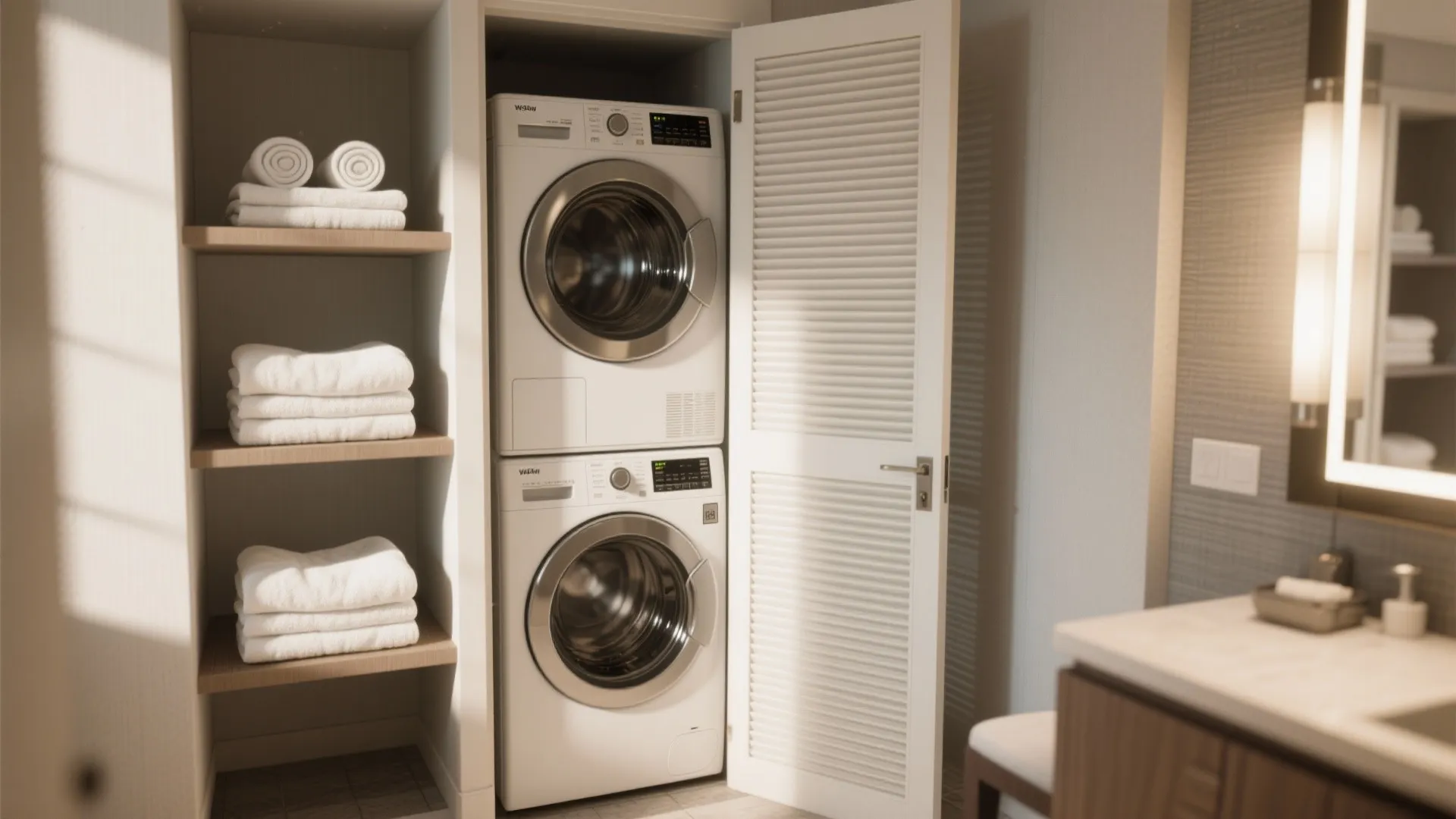 Small laundry area with stacked white washing machine and dryer behind a white wooden slatted door