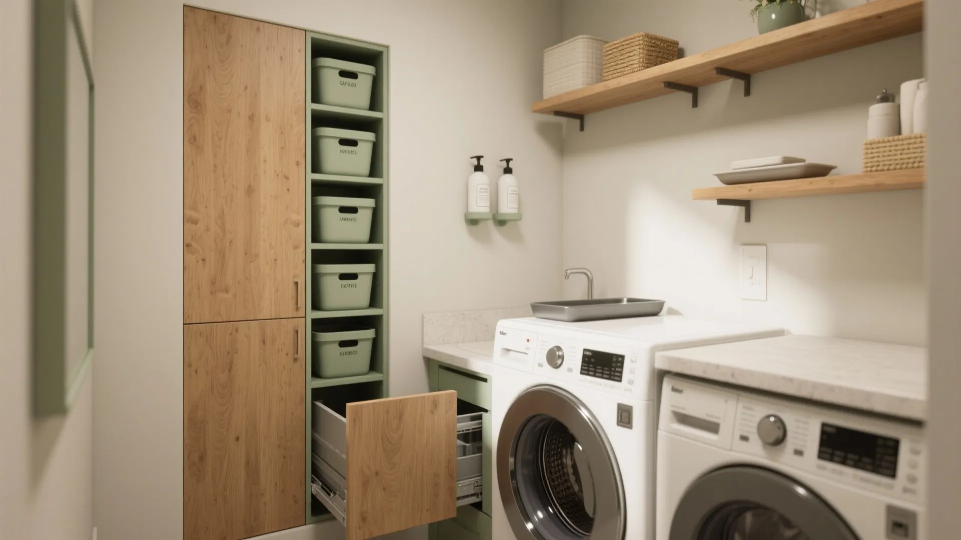 Modern laundry nook with white washing machines green cabinets wood storage and several open shelves